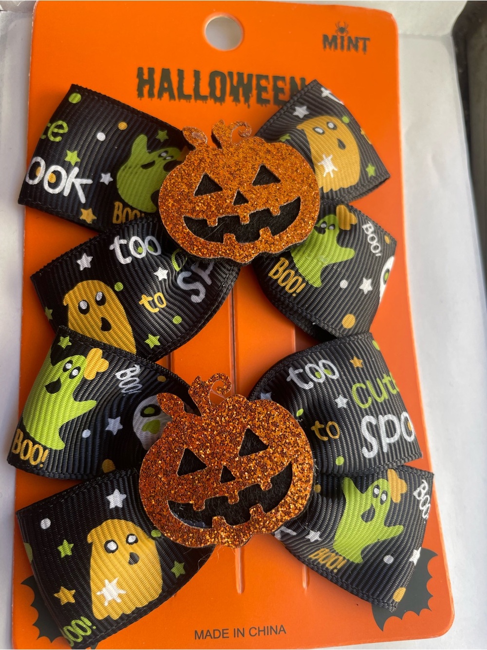 Mint Halloween Pumpkin Glitter Bow Hair Clips - Black, Orange, Green, Yellow